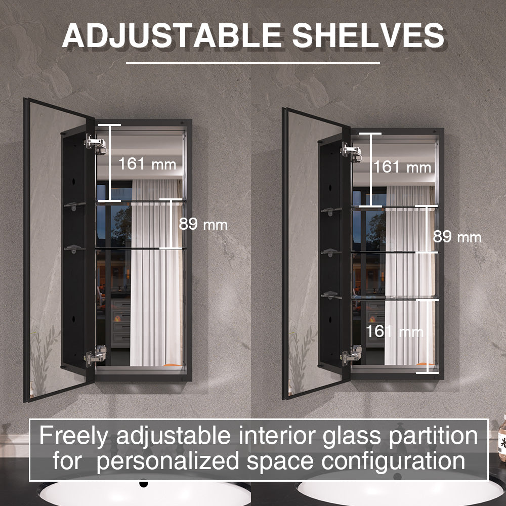 Keen Framless Recessed or Surface-Mount Rectangular Aluminum Medicine Cabinet with Mirror in Matte Black