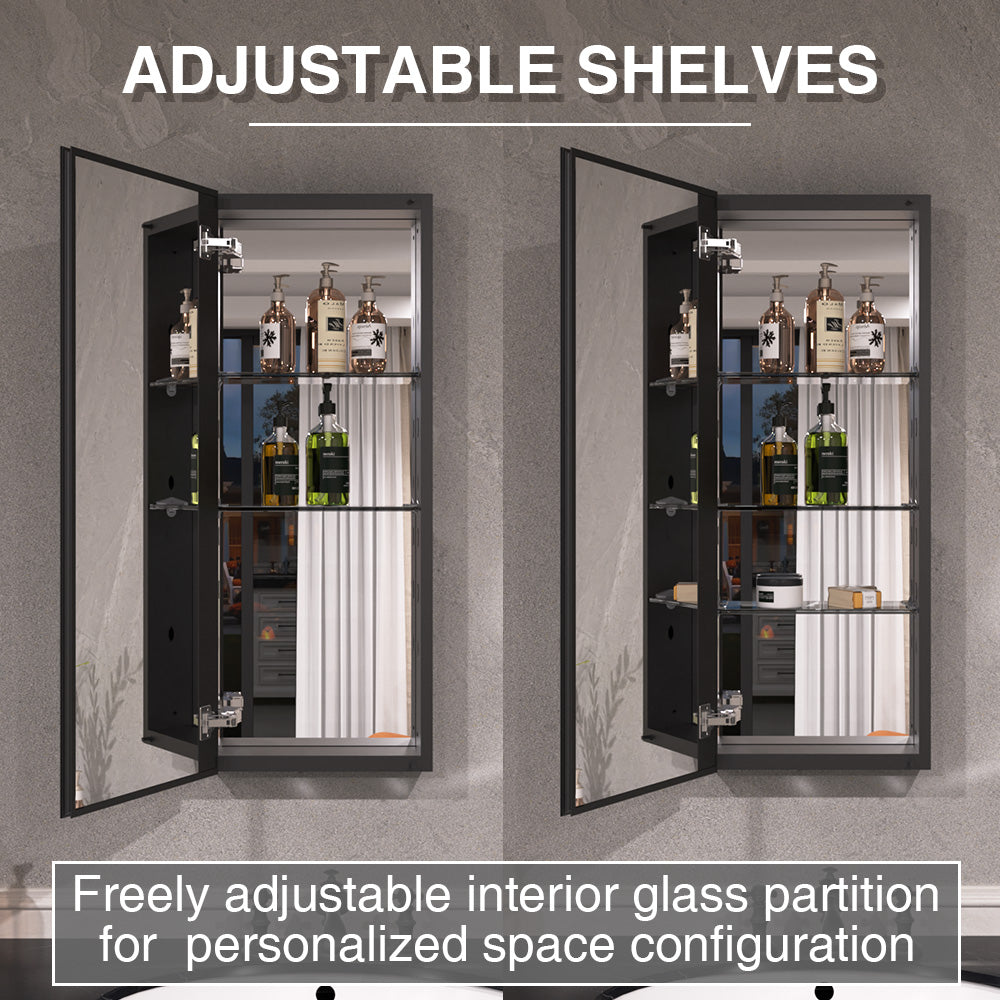 Keen Framless Recessed or Surface-Mount Rectangular Aluminum Medicine Cabinet with Mirror in Matte Black