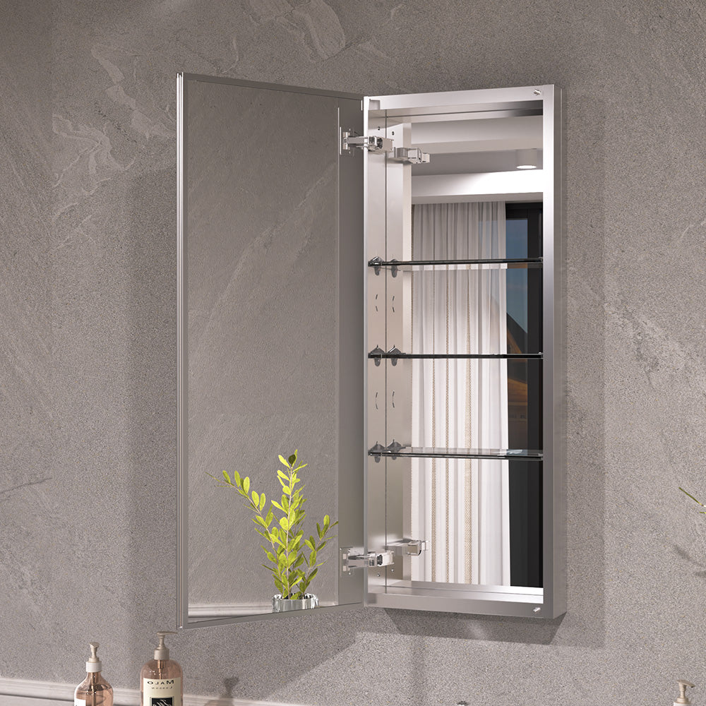Keen Framless Recessed or Surface-Mount Rectangular Aluminum Medicine Cabinet with Mirror in Silver