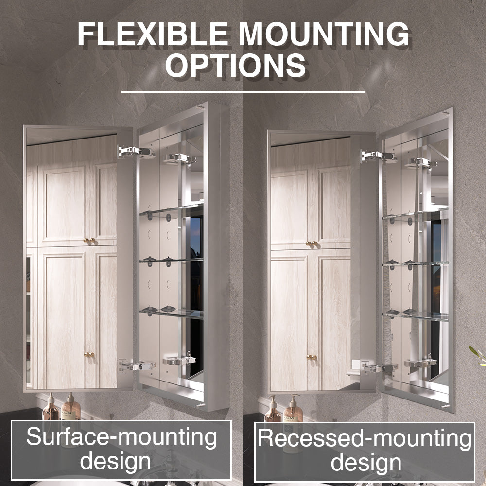 Keen Framless Recessed or Surface-Mount Rectangular Aluminum Medicine Cabinet with Mirror in Silver