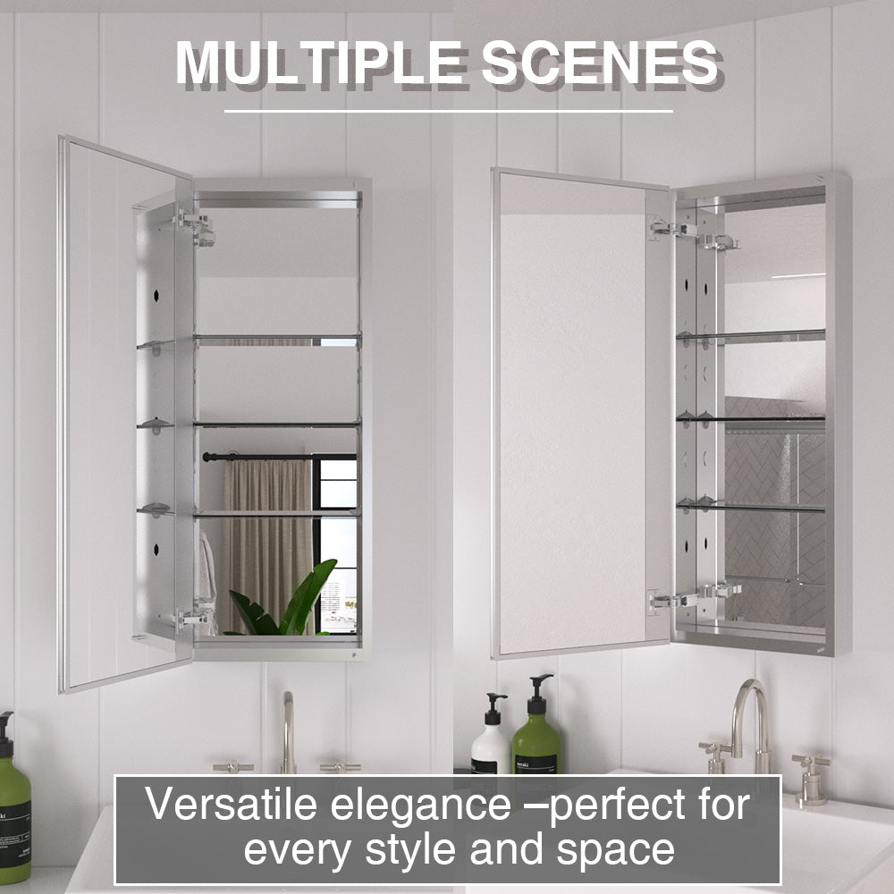 Keen Framless Recessed or Surface-Mount Rectangular Aluminum Medicine Cabinet with Mirror in Silver
