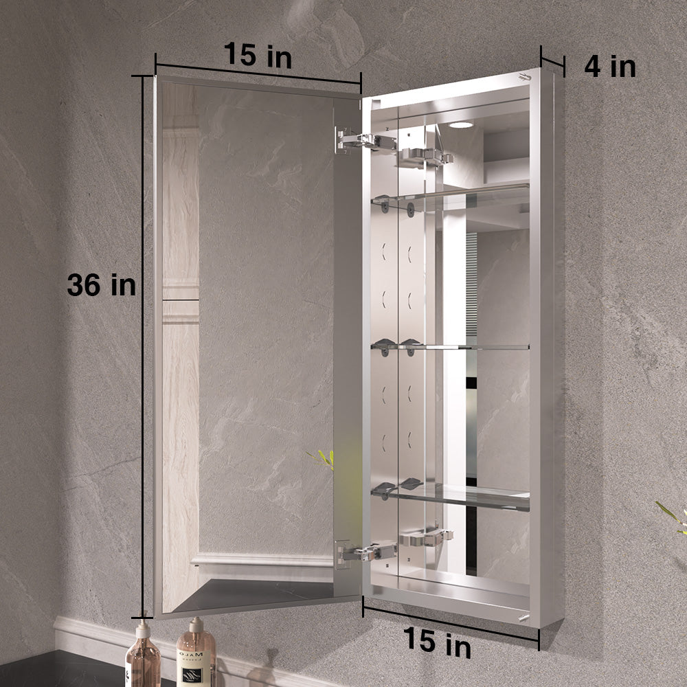 Keen Framless Recessed or Surface-Mount Rectangular Aluminum Medicine Cabinet with Mirror in Silver