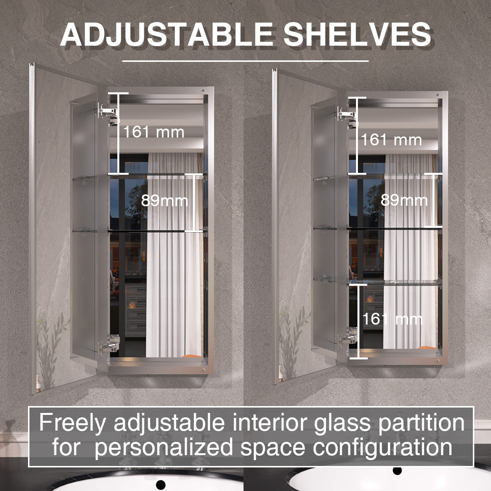 Keen Framless Recessed or Surface-Mount Rectangular Aluminum Medicine Cabinet with Mirror in Silver