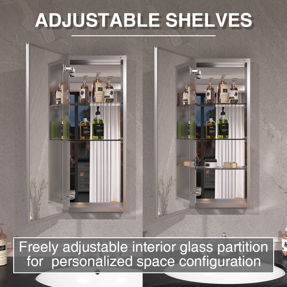 Keen Framless Recessed or Surface-Mount Rectangular Aluminum Medicine Cabinet with Mirror in Silver