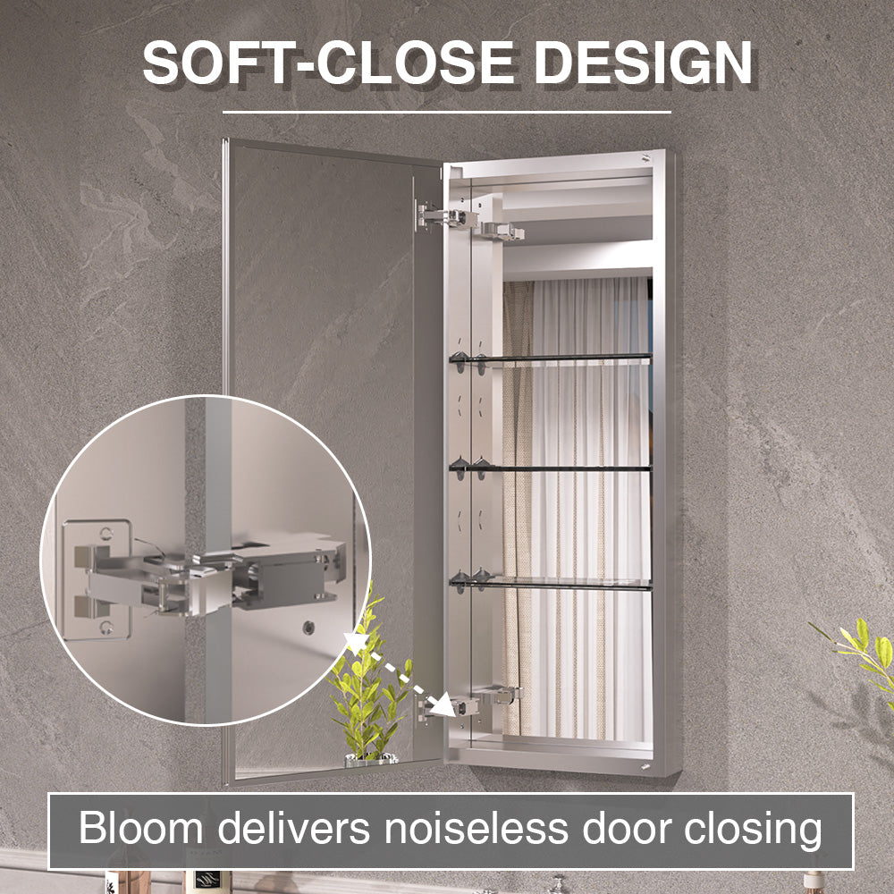 Keen Framless Recessed or Surface-Mount Rectangular Aluminum Medicine Cabinet with Mirror in Silver