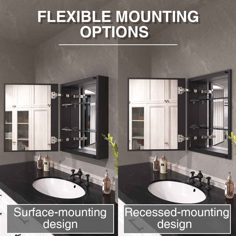 Keen Framless Recessed or Surface-Mount Rectangular Aluminum Medicine Cabinet with Mirror in Matte Black