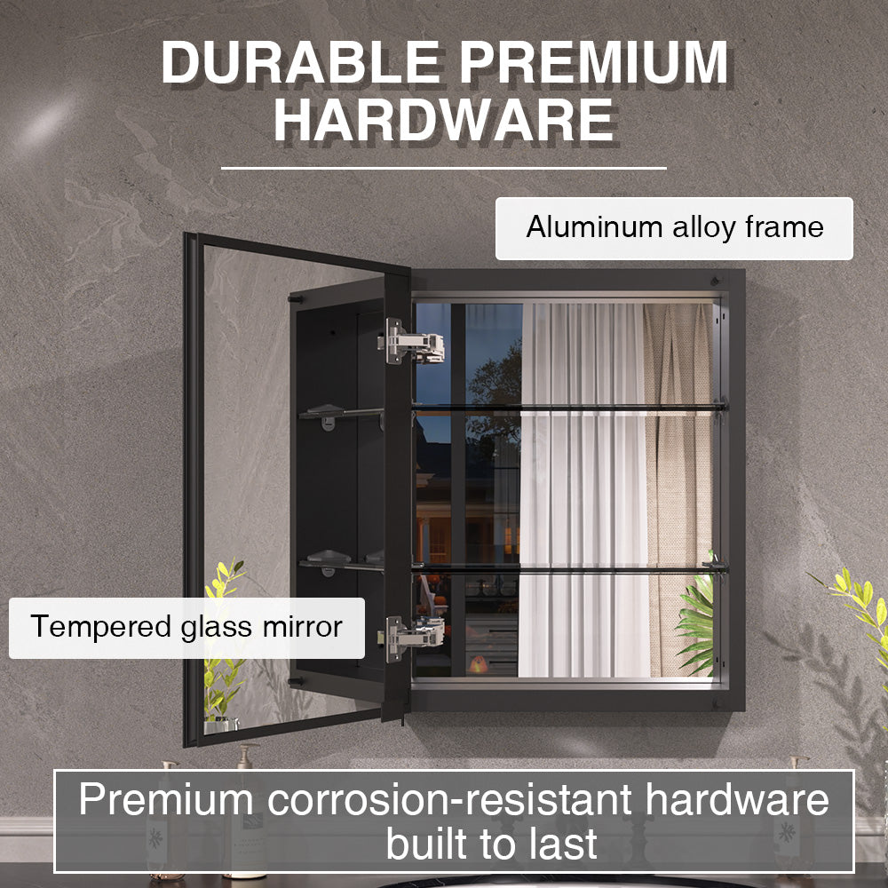 Keen Framless Recessed or Surface-Mount Rectangular Aluminum Medicine Cabinet with Mirror in Matte Black