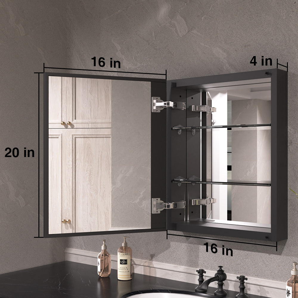 Keen Framless Recessed or Surface-Mount Rectangular Aluminum Medicine Cabinet with Mirror in Matte Black