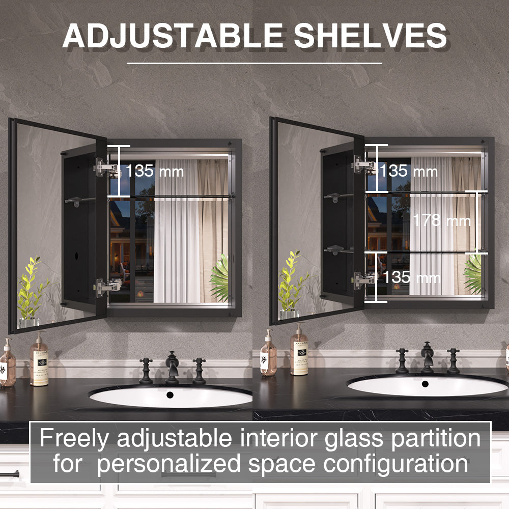 Keen Framless Recessed or Surface-Mount Rectangular Aluminum Medicine Cabinet with Mirror in Matte Black