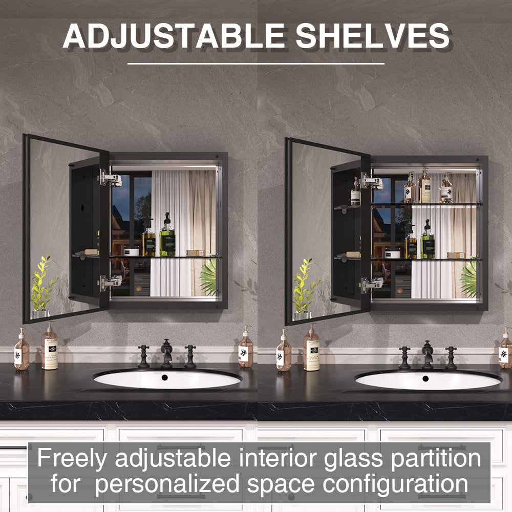 Keen Framless Recessed or Surface-Mount Rectangular Aluminum Medicine Cabinet with Mirror in Matte Black