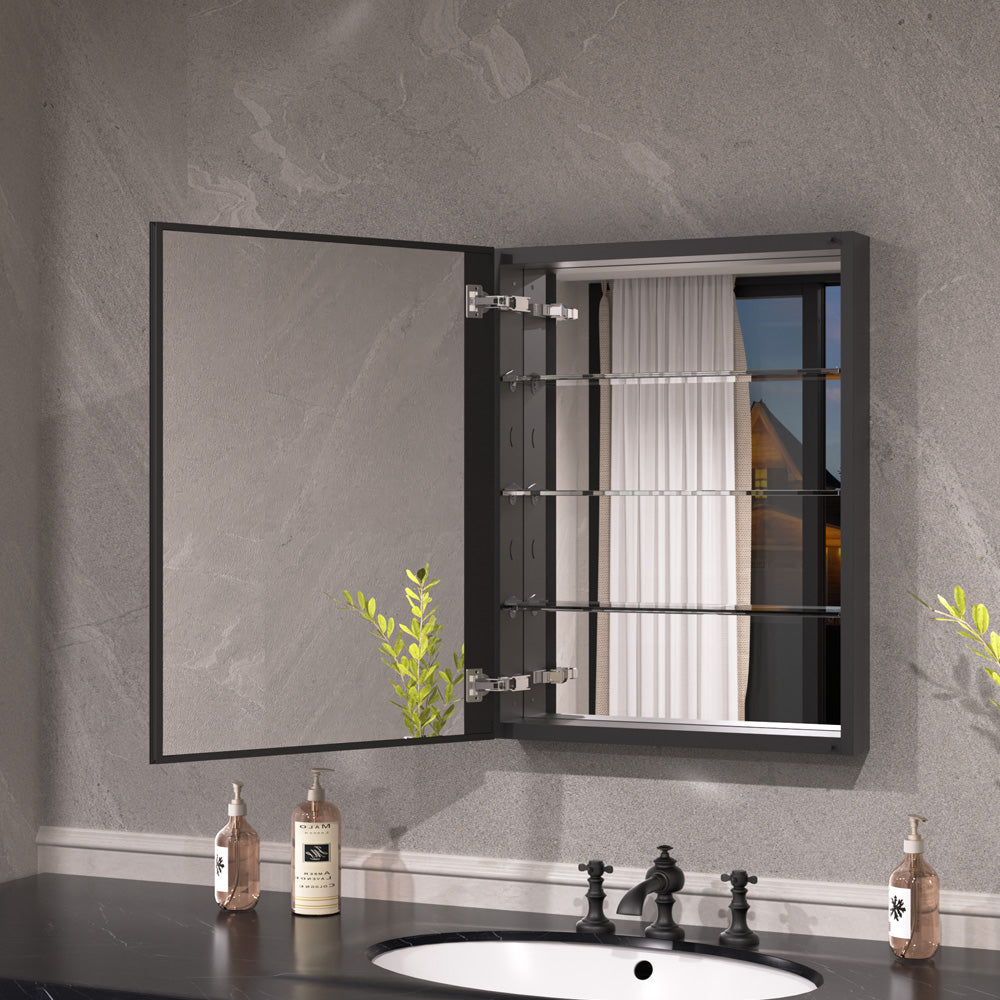 Keen Framless Recessed or Surface-Mount Rectangular Aluminum Medicine Cabinet with Mirror in Matte Black
