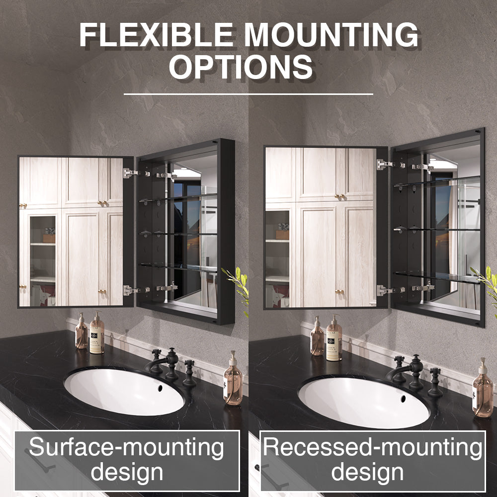 Keen Framless Recessed or Surface-Mount Rectangular Aluminum Medicine Cabinet with Mirror in Matte Black