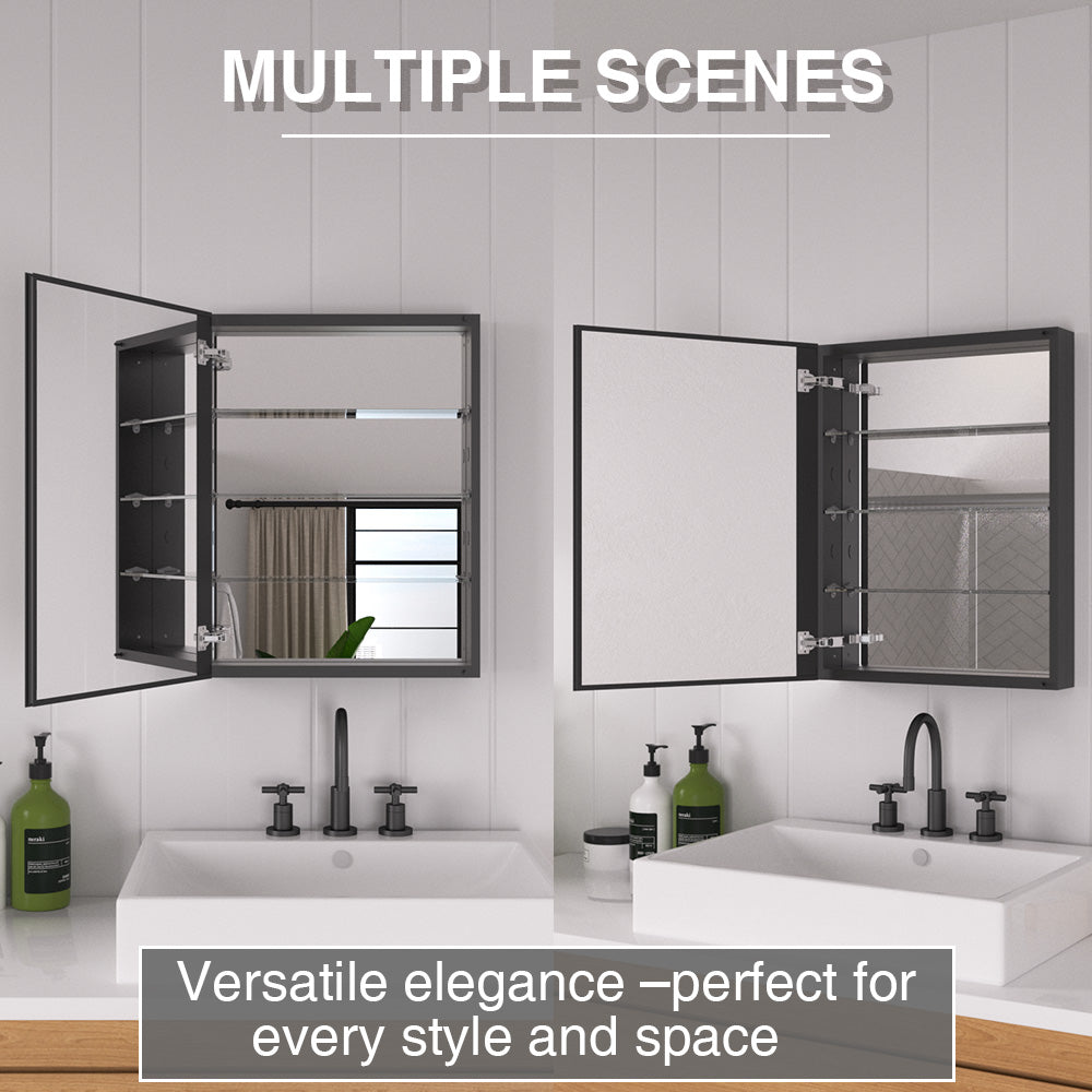 Keen Framless Recessed or Surface-Mount Rectangular Aluminum Medicine Cabinet with Mirror in Matte Black