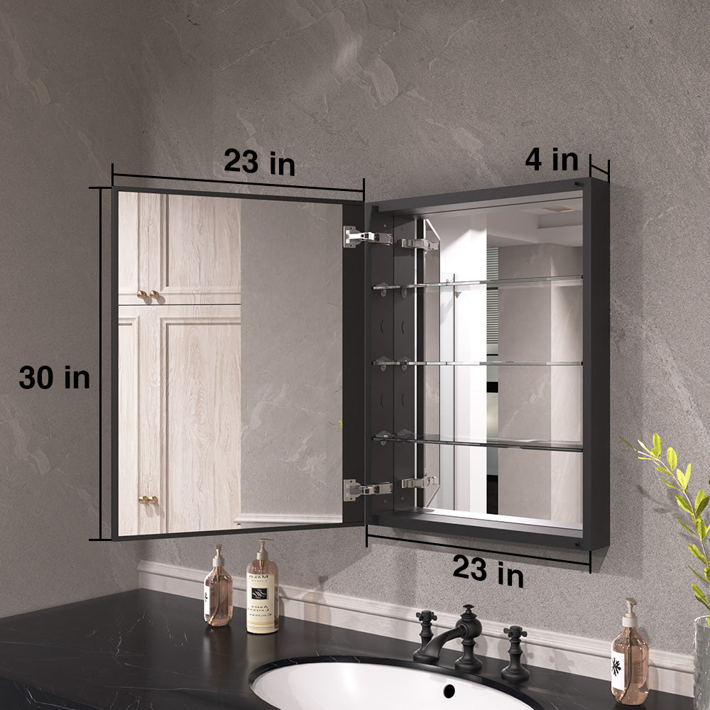 Keen Framless Recessed or Surface-Mount Rectangular Aluminum Medicine Cabinet with Mirror in Matte Black