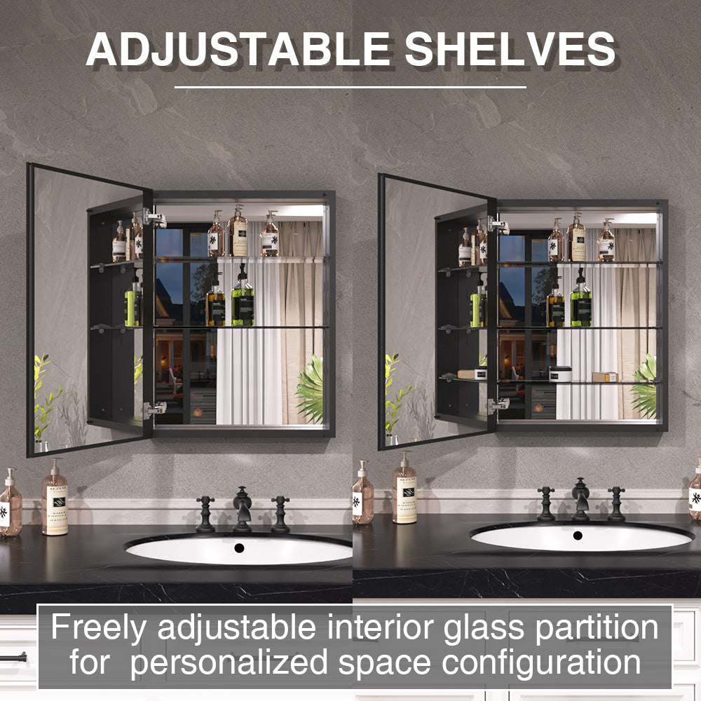Keen Framless Recessed or Surface-Mount Rectangular Aluminum Medicine Cabinet with Mirror in Matte Black