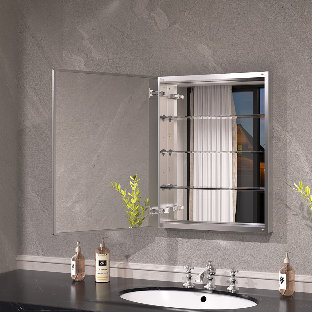 Keen Framless Recessed or Surface-Mount Rectangular Aluminum Medicine Cabinet with Mirror in Silver