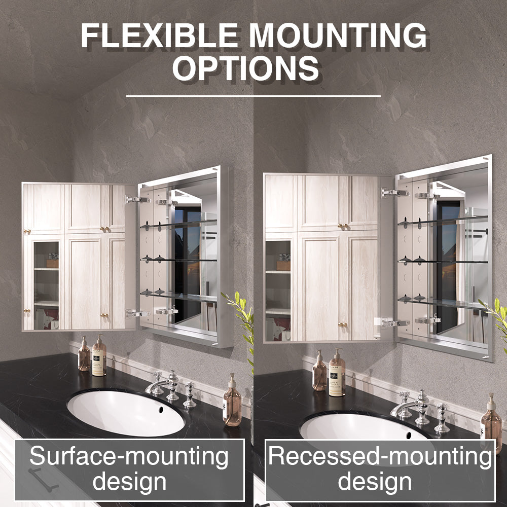 Keen Framless Recessed or Surface-Mount Rectangular Aluminum Medicine Cabinet with Mirror in Silver