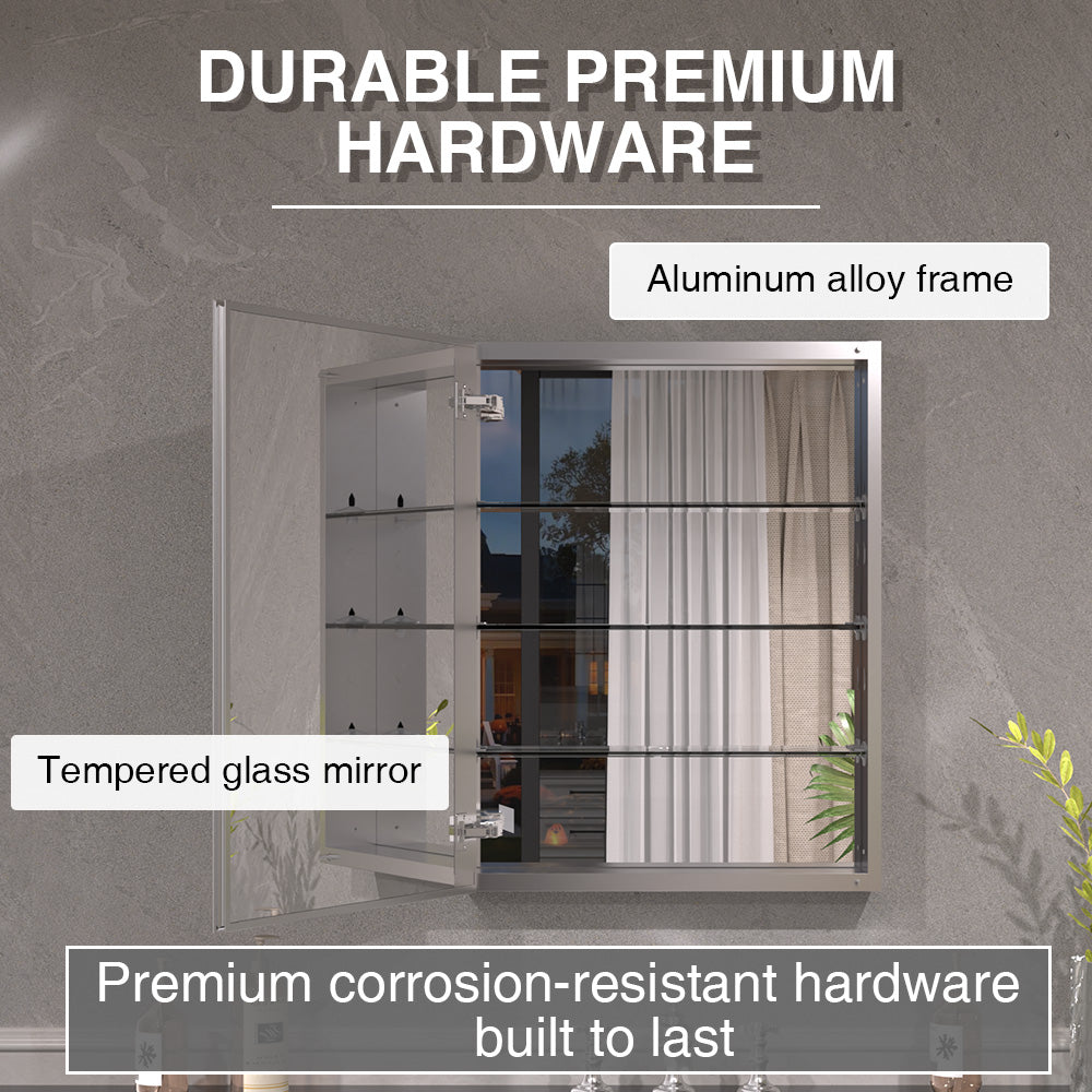 Keen Framless Recessed or Surface-Mount Rectangular Aluminum Medicine Cabinet with Mirror in Silver