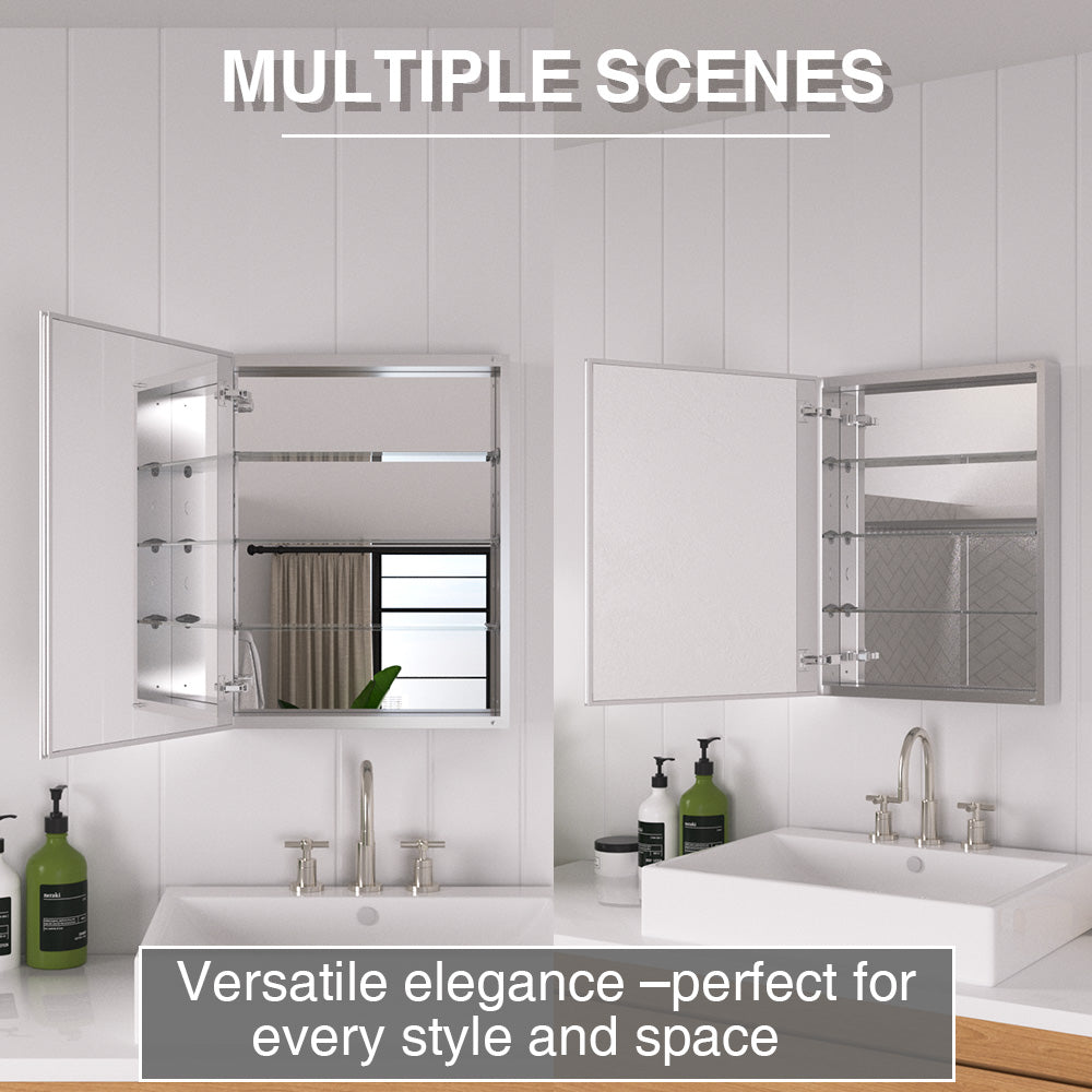 Keen Framless Recessed or Surface-Mount Rectangular Aluminum Medicine Cabinet with Mirror in Silver