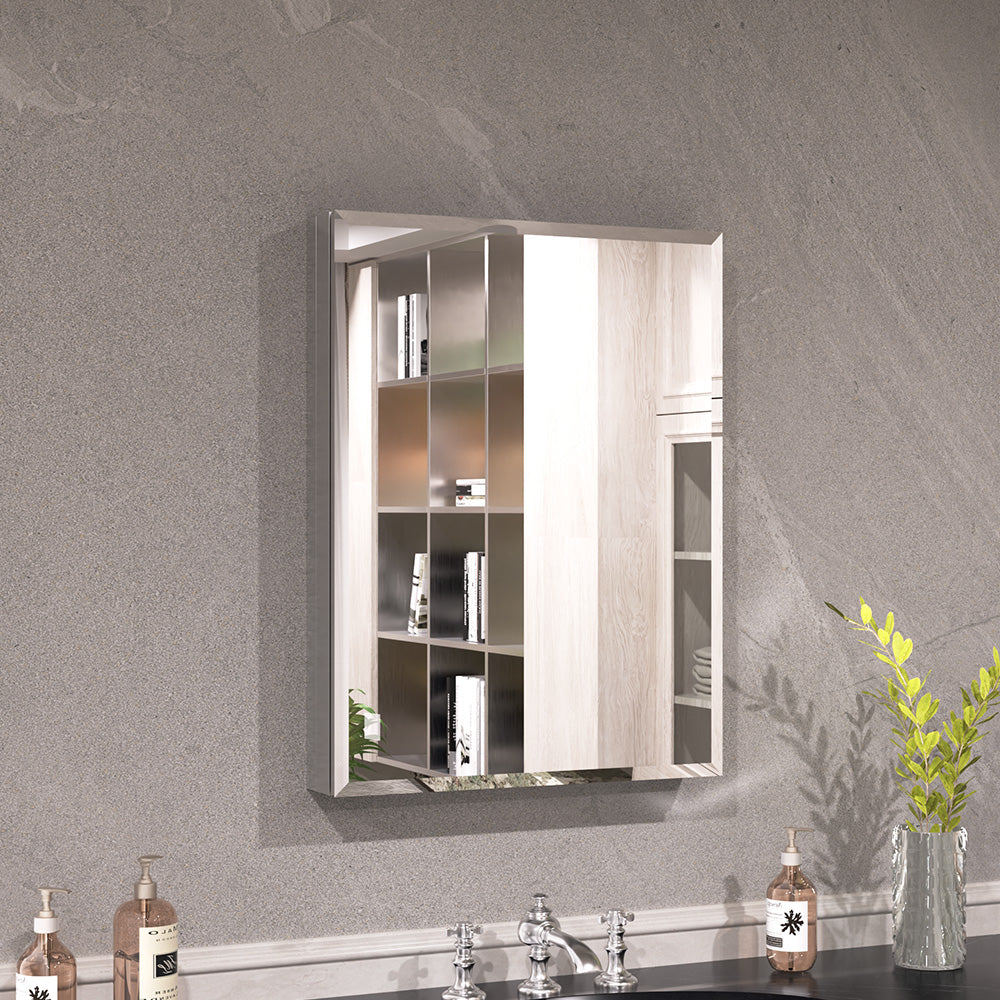 Keen Framless Recessed or Surface-Mount Rectangular Aluminum Medicine Cabinet with Mirror in Silver