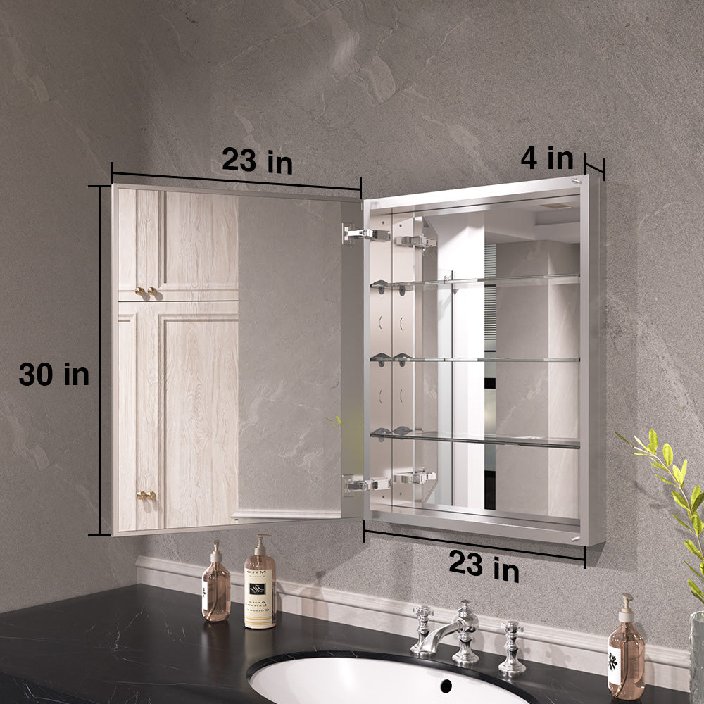Keen Framless Recessed or Surface-Mount Rectangular Aluminum Medicine Cabinet with Mirror in Silver
