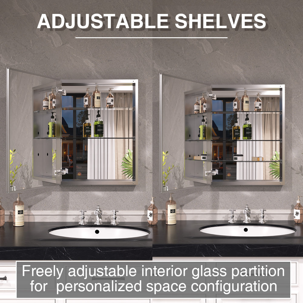 Keen Framless Recessed or Surface-Mount Rectangular Aluminum Medicine Cabinet with Mirror in Silver