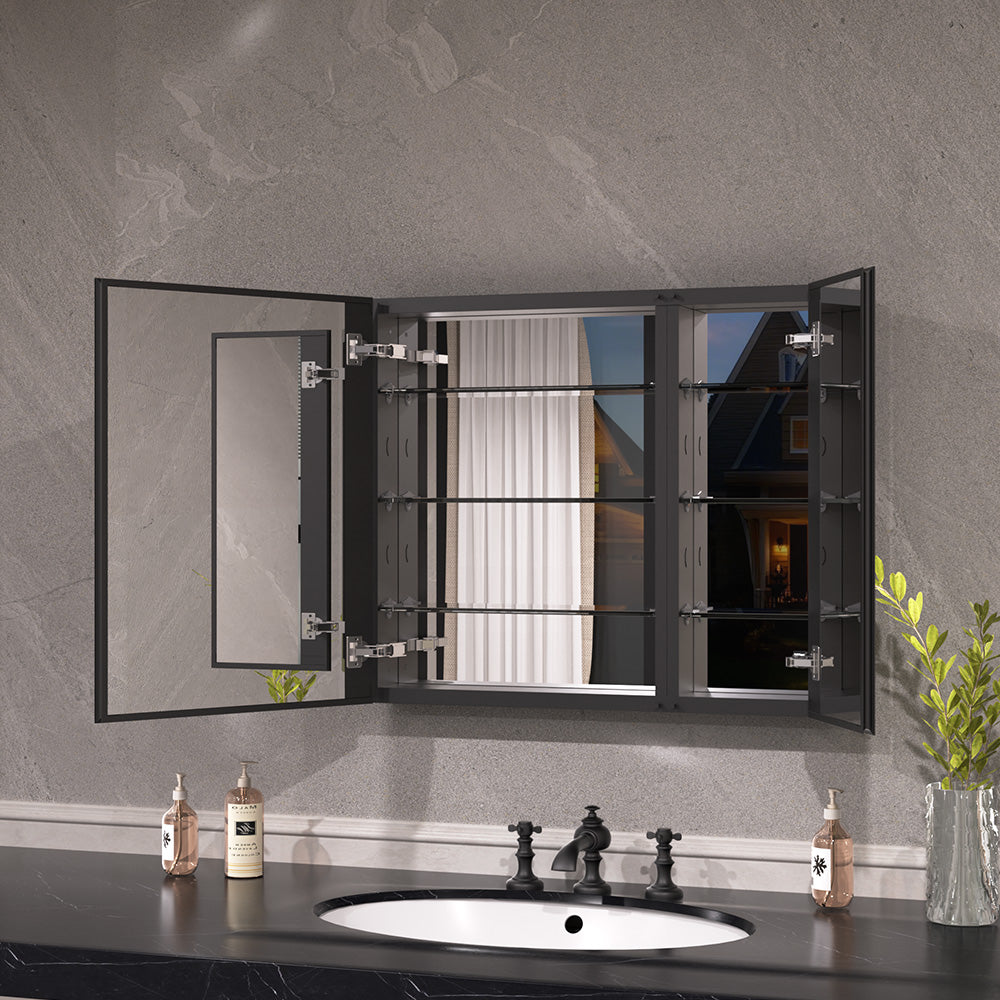 Keen Framless Recessed or Surface-Mount Rectangular Aluminum Medicine Cabinet with Mirror in Matte Black