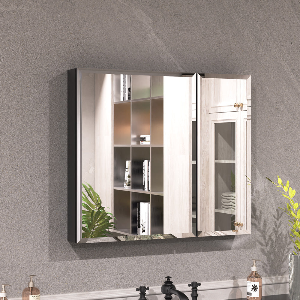 Keen Framless Recessed or Surface-Mount Rectangular Aluminum Medicine Cabinet with Mirror in Matte Black