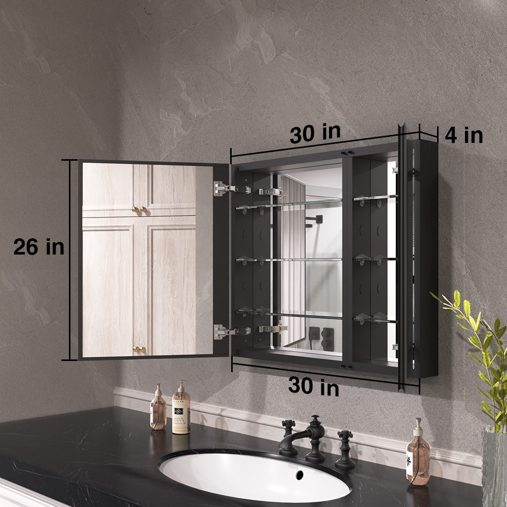 Keen Framless Recessed or Surface-Mount Rectangular Aluminum Medicine Cabinet with Mirror in Matte Black