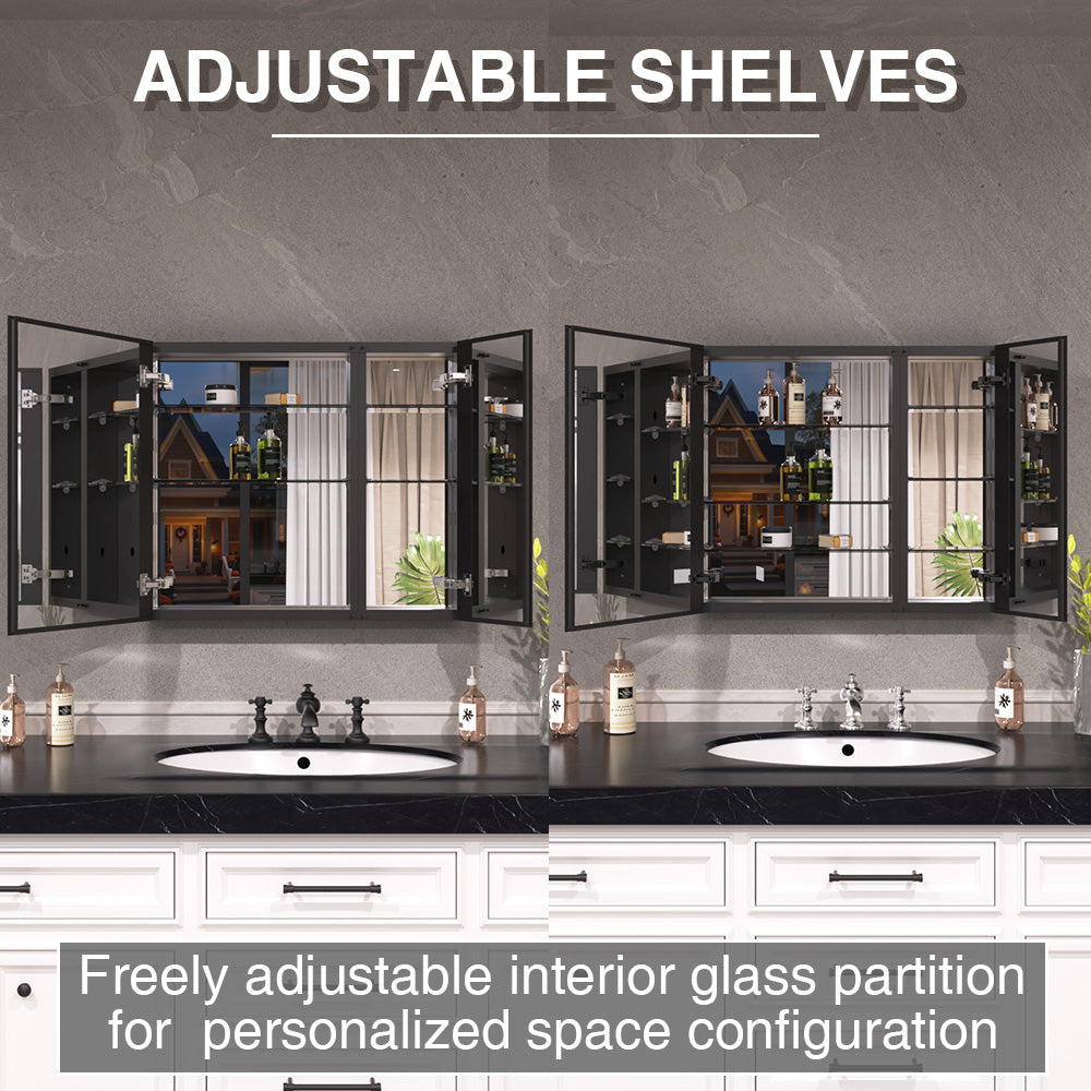 Keen Framless Recessed or Surface-Mount Rectangular Aluminum Medicine Cabinet with Mirror in Matte Black