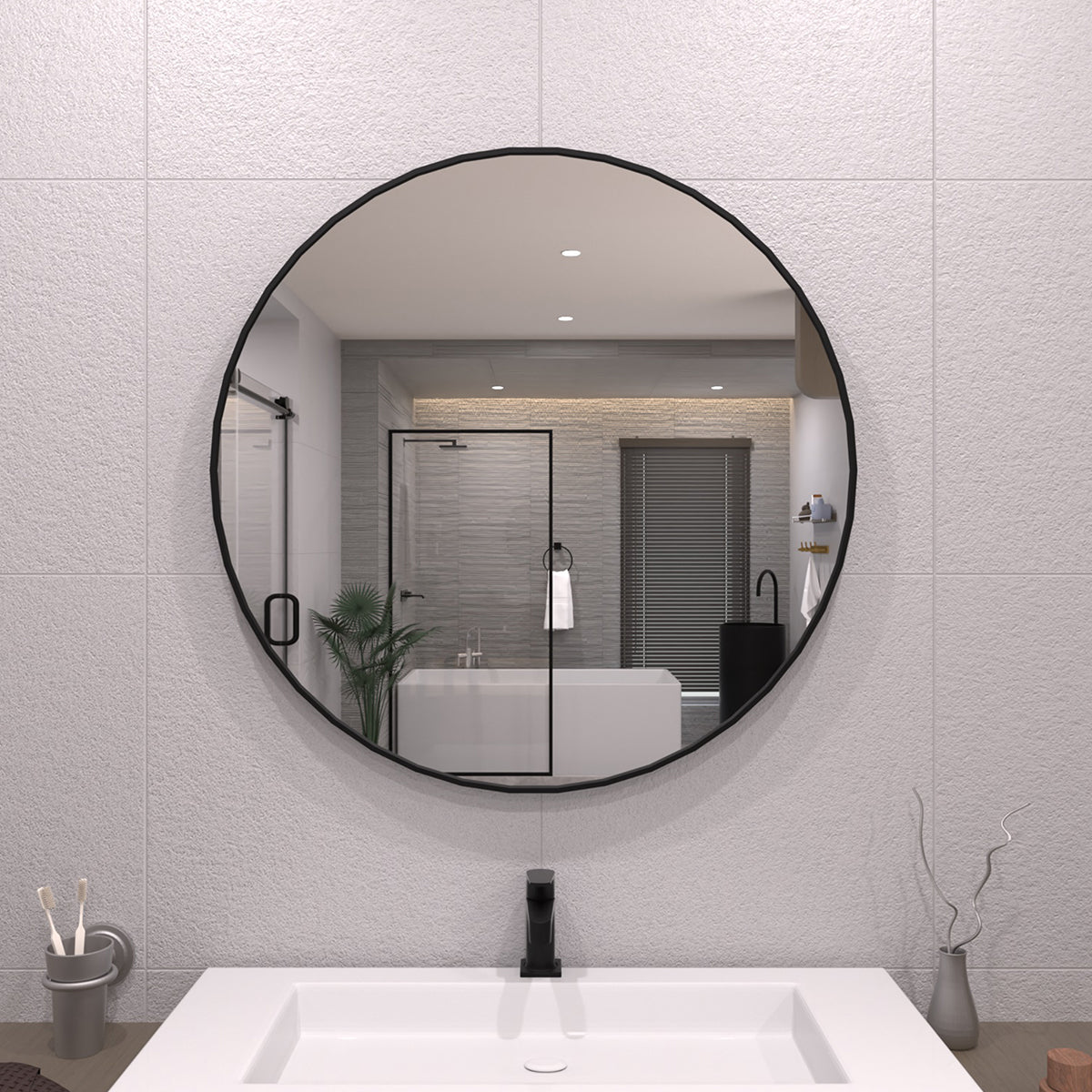 TaiMei Multiple sizes Round Framed Wall Bathroom Vanity Mirror in Matte Black