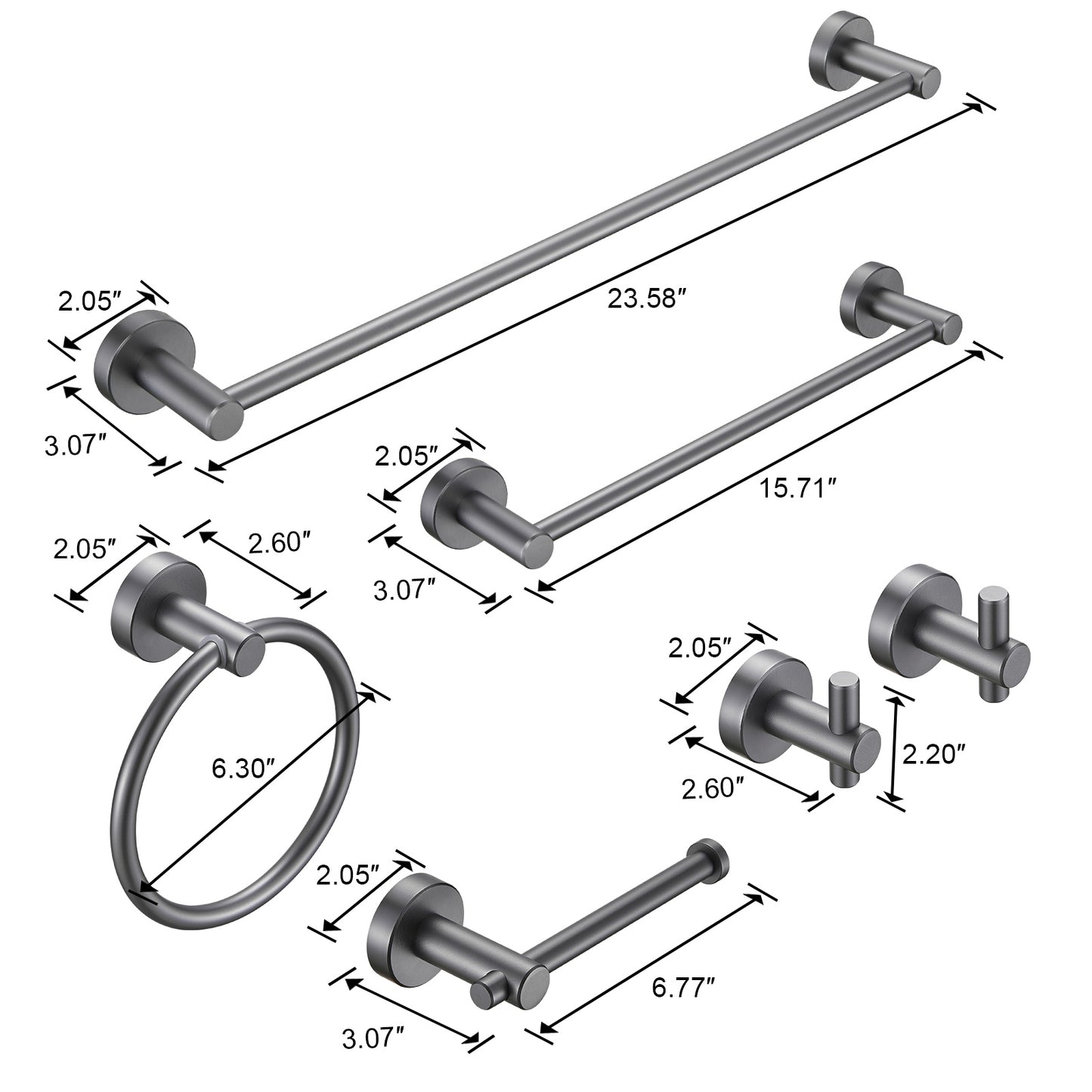 Gluon 6-Piece Bath Hardware Set with Towel Bars x2, Toilet Paper Holder, Robe Hooks x2 and Towel Ring Gun Grey 045c306cf7ac0ee529f39e0bc4bef69d