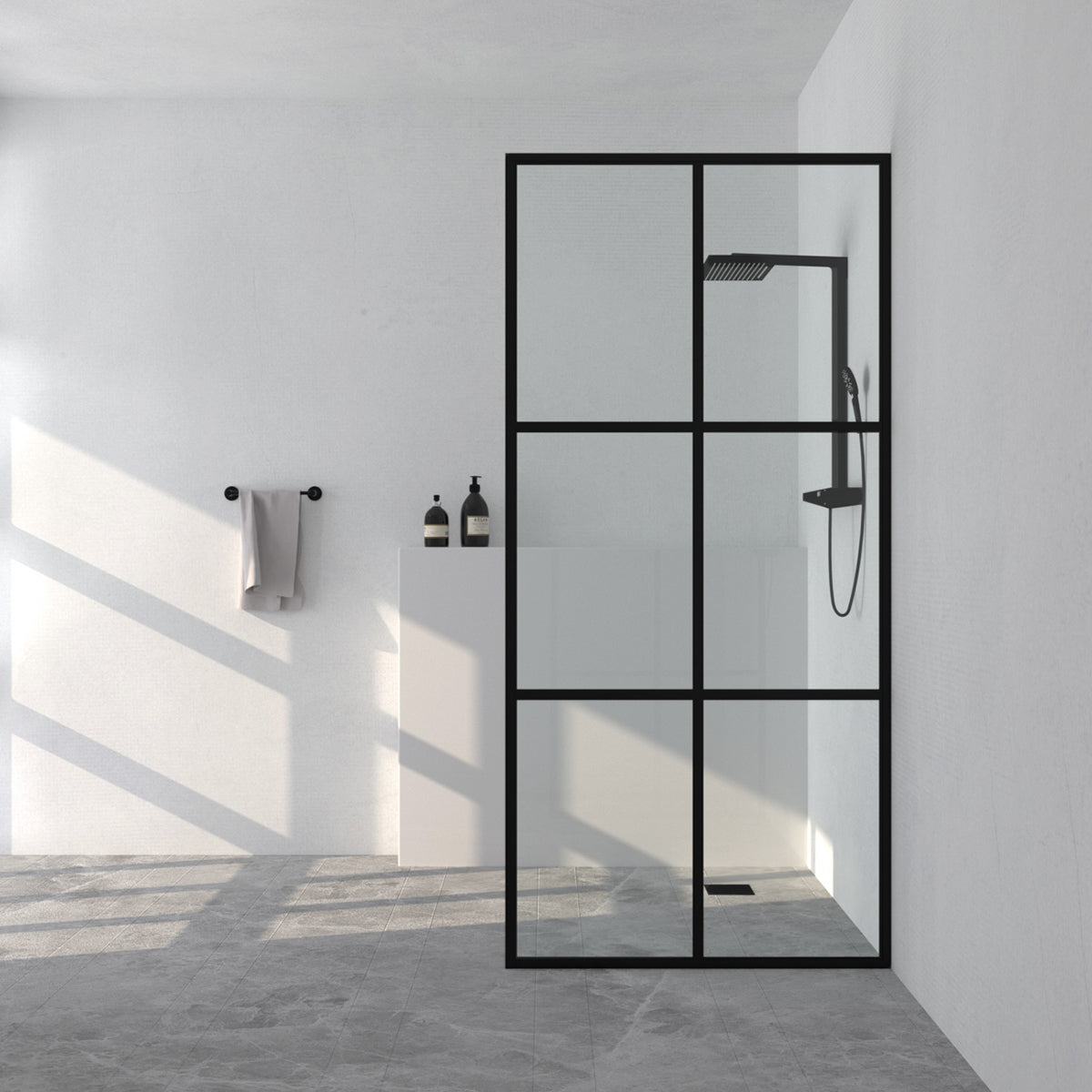 34 in. W x 72 in. H Fixed Framed Shower Door in Matte Black Finish with Patterned Glass