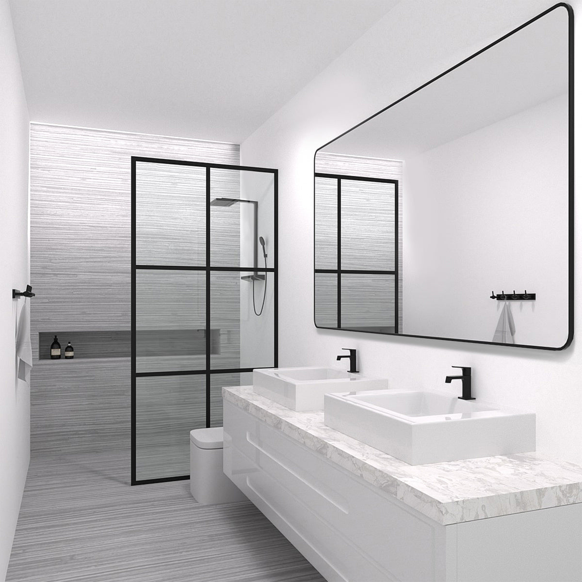 34 in. W x 72 in. H Fixed Framed Shower Door in Matte Black Finish with Patterned Glass