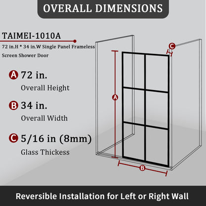 34 in. W x 72 in. H Fixed Framed Shower Door in Matte Black Finish with Patterned Glass
