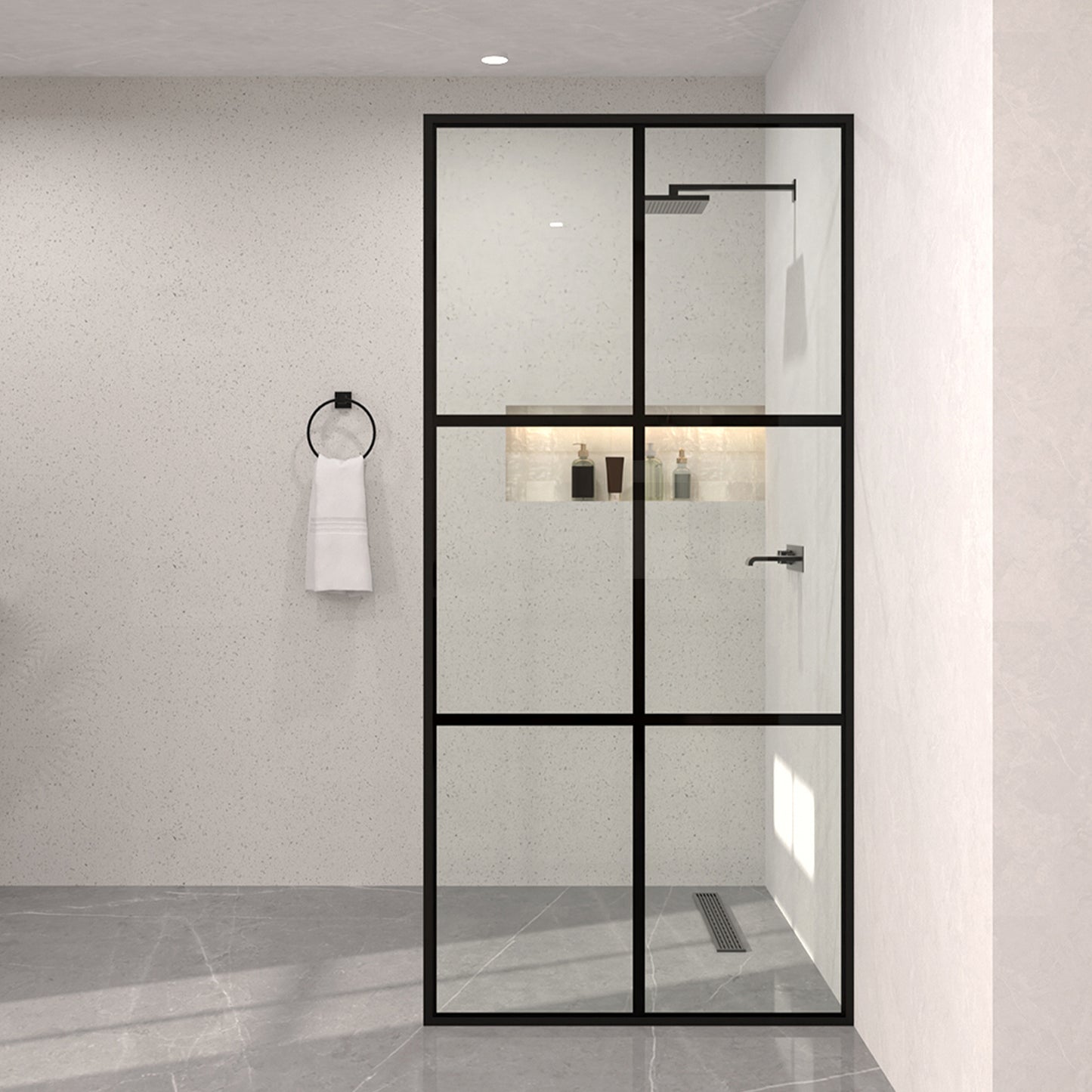 Monture 34 in. W x 72 in. H Fixed Framed Shower Screen Door in Matte Black Patterned Glass A 1010A-1_11c0343d-f04f-4d3a-967f-1d8bdd29df55