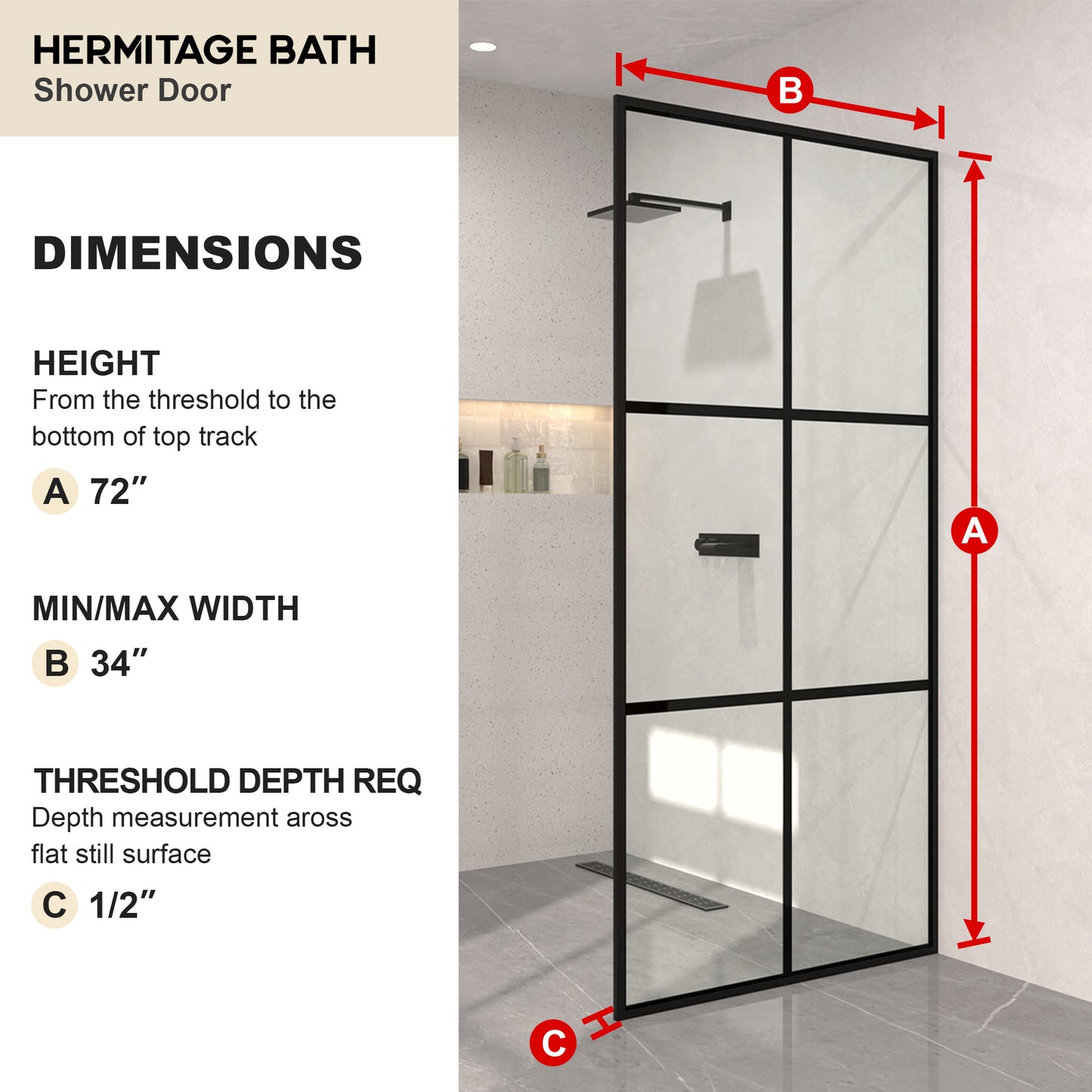 Monture 34 in. W x 72 in. H Fixed Framed Shower Screen Door in Matte Black 1010A-3_2dd61d92-3881-43ee-9606-9545291a6bb0