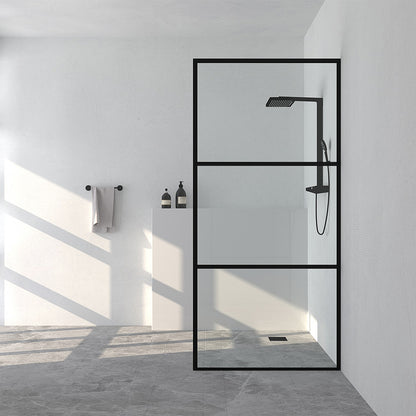34 in. W x 72 in. H Fixed Framed Shower Door in Matte Black Finish with Patterned Glass