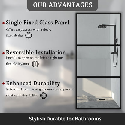 34 in. W x 72 in. H Fixed Framed Shower Door in Matte Black Finish with Patterned Glass