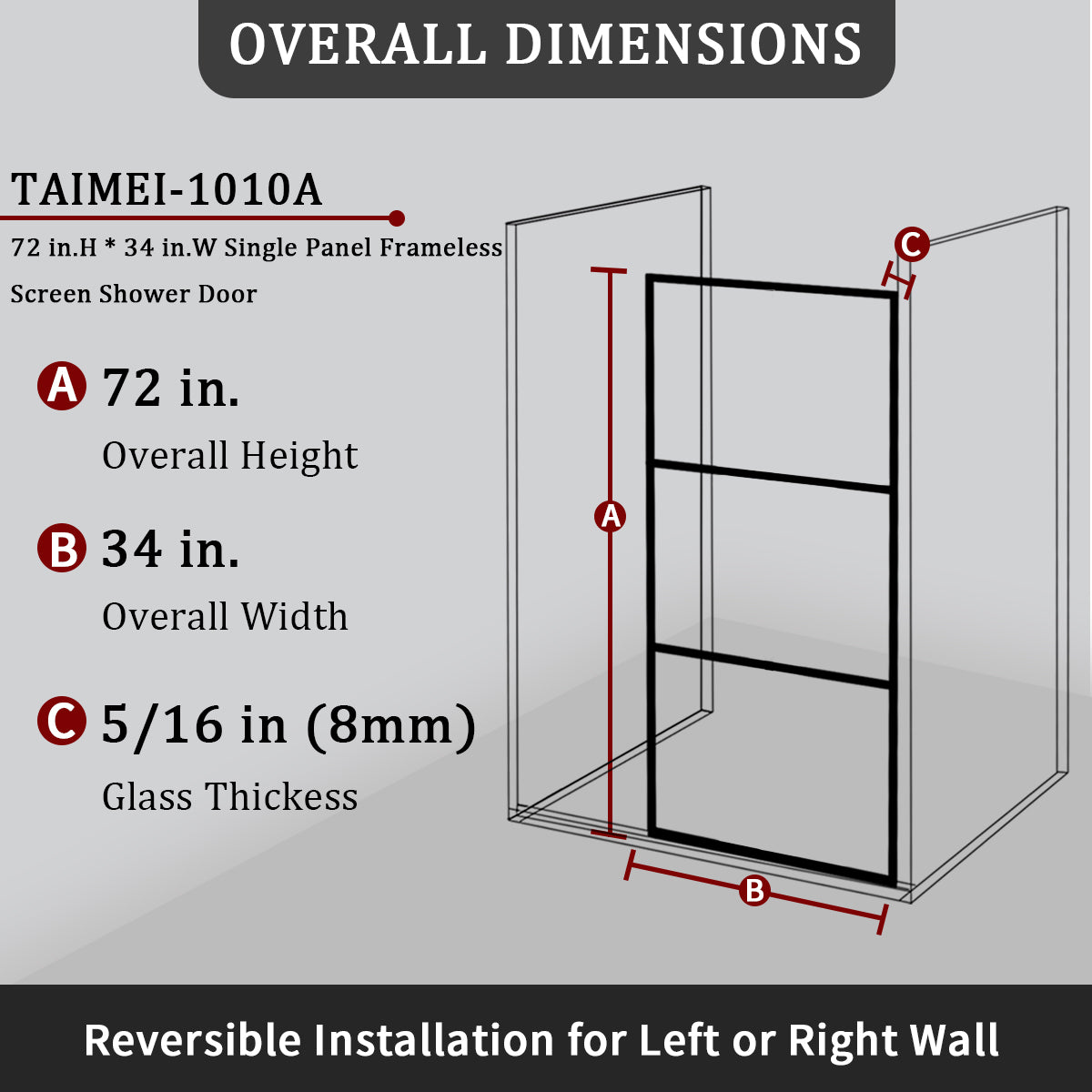 34 in. W x 72 in. H Fixed Framed Shower Door in Matte Black Finish with Patterned Glass