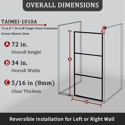 34 in. W x 72 in. H Fixed Framed Shower Door in Matte Black Finish with Patterned Glass
