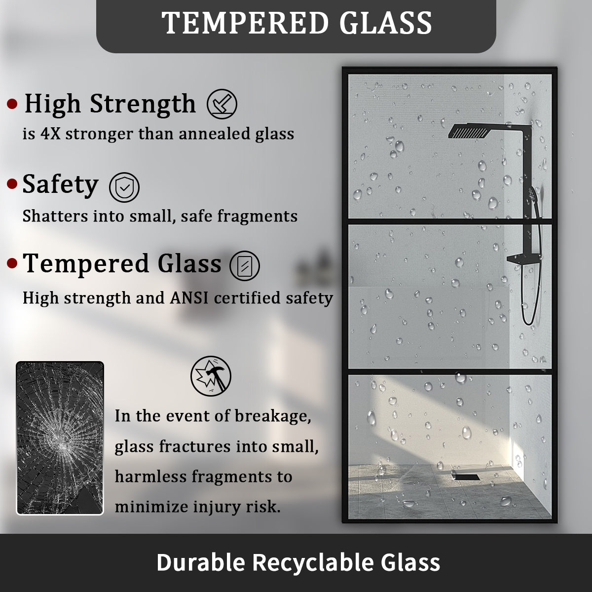 34 in. W x 72 in. H Fixed Framed Shower Door in Matte Black Finish with Patterned Glass