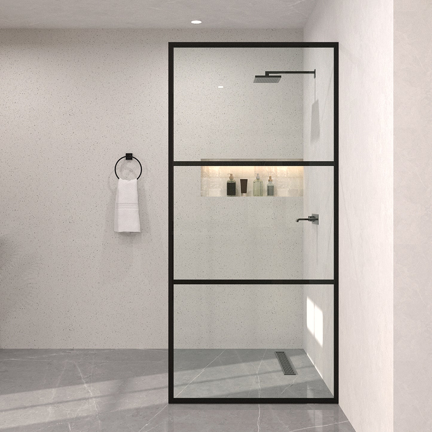 Monture 34 in. W x 72 in. H Fixed Framed Shower Screen Door in Matte Black Patterned Glass B 1010B-1_00005fd3-92c9-4e15-939f-d7276555ce16
