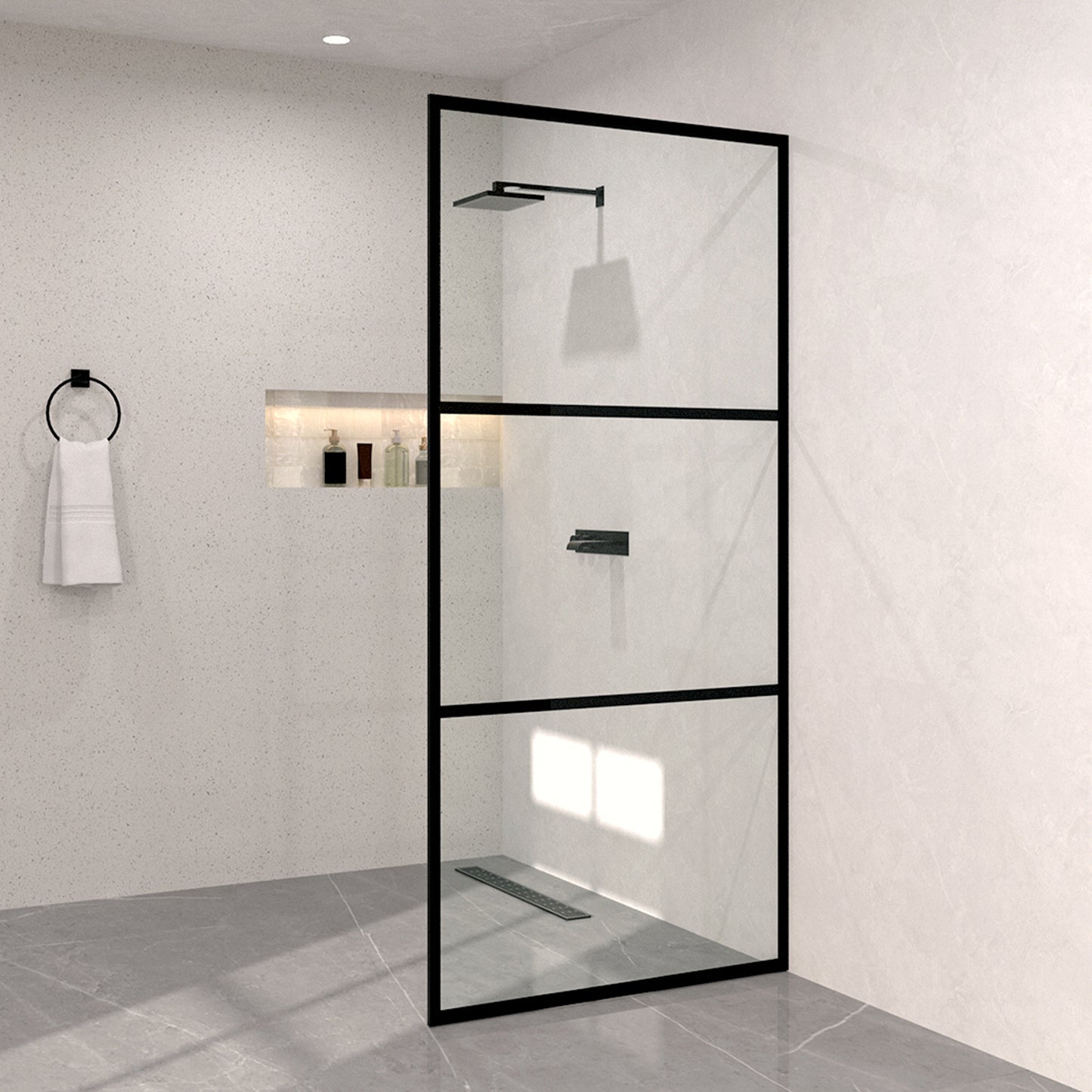 Monture 34 in. W x 72 in. H Fixed Framed Shower Screen Door in Matte Black 1010B-2_2b6f2ecf-cba8-418f-b2aa-389469bdbb14