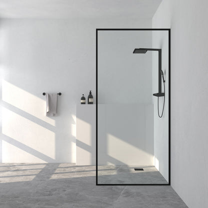 34 in. W x 72 in. H Fixed Framed Shower Door in Matte Black Finish with Patterned Glass