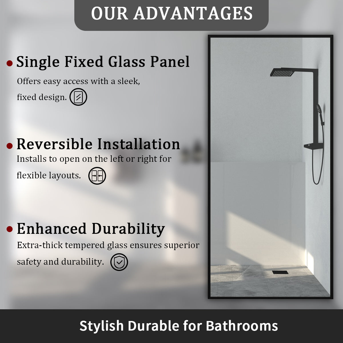 34 in. W x 72 in. H Fixed Framed Shower Door in Matte Black Finish with Patterned Glass