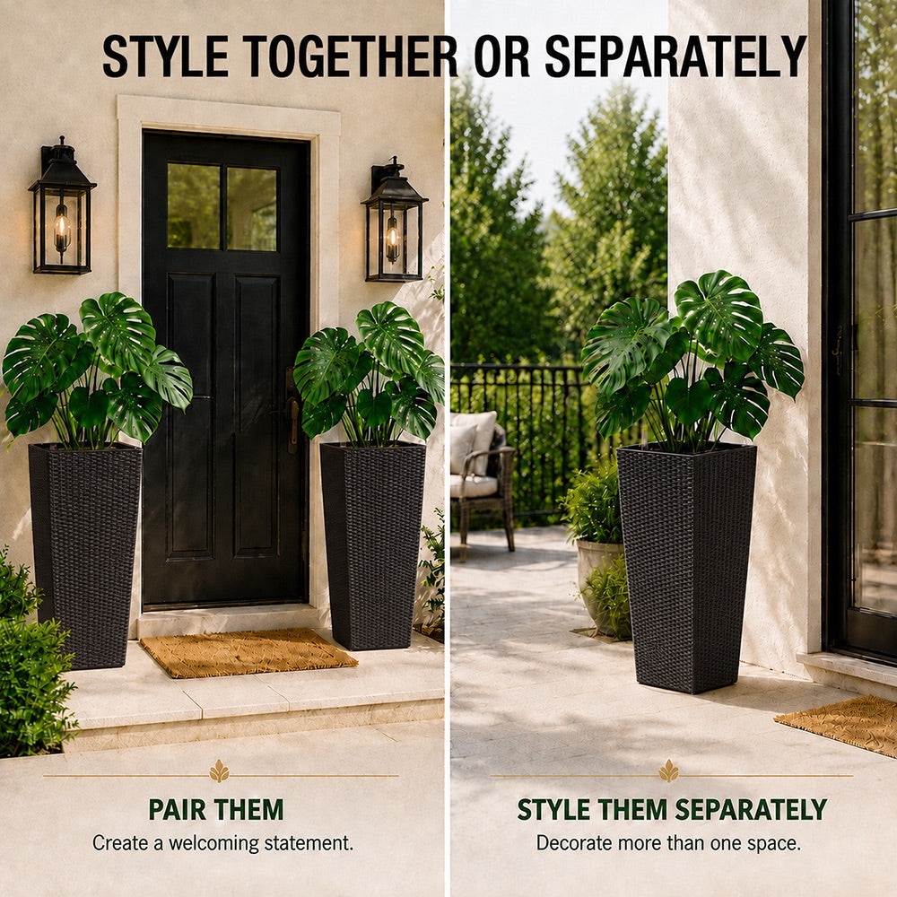 Cendra 22 in. Black Faux Rattan Polypropylene Self-Watering Square Planter (2-Pack) for Indoor/Outdoor Use