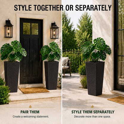 Cendra 22 in. Black Faux Rattan Polypropylene Self-Watering Square Planter (2-Pack) for Indoor/Outdoor Use