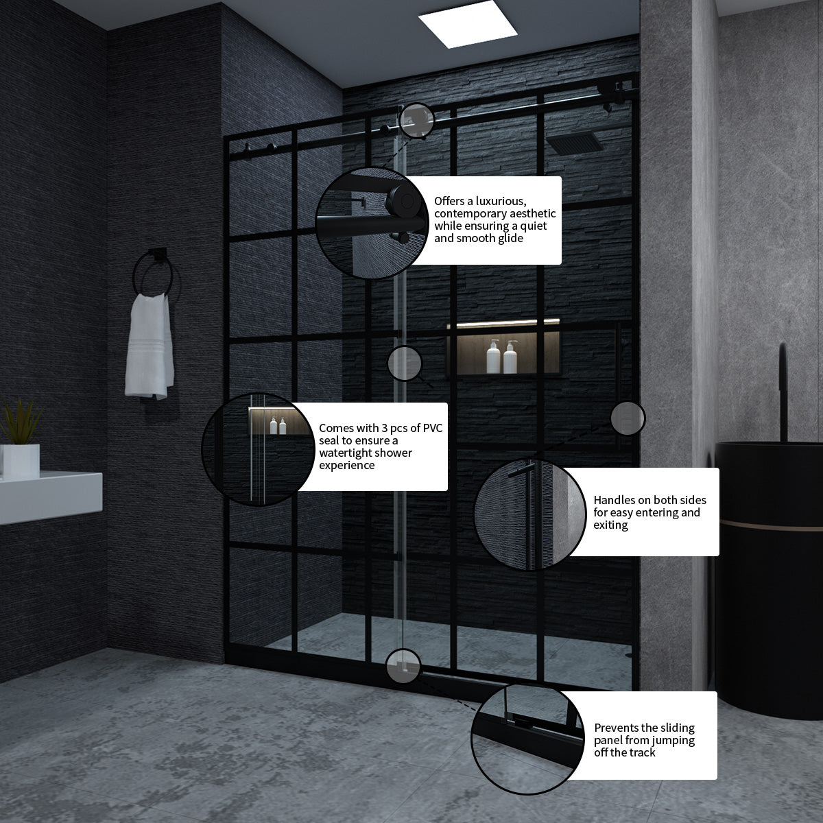 Niveal Ruhr 60 in. W x 76 in. H Sliding Semi-Frameless Shower Door in Matte Black with Patterned Glass 10_8990f967-e505-4917-9492-ab4785978faf