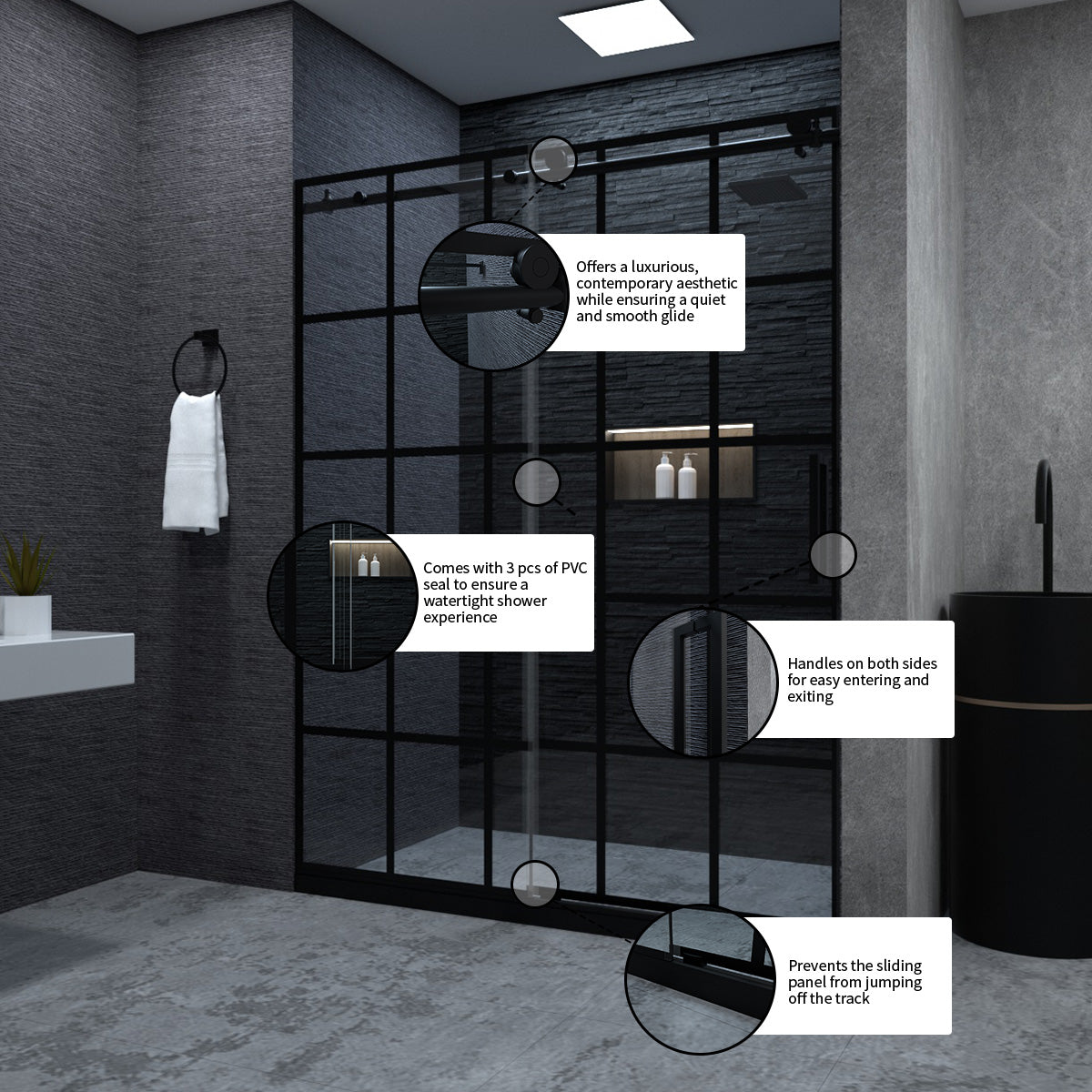 Niveal Ruhr 60 in. W x 76 in. H Sliding Semi-Frameless Shower Door in Matte Black with Patterned Glass 10_f2723104-c5fa-4139-986f-75d7c04c193b